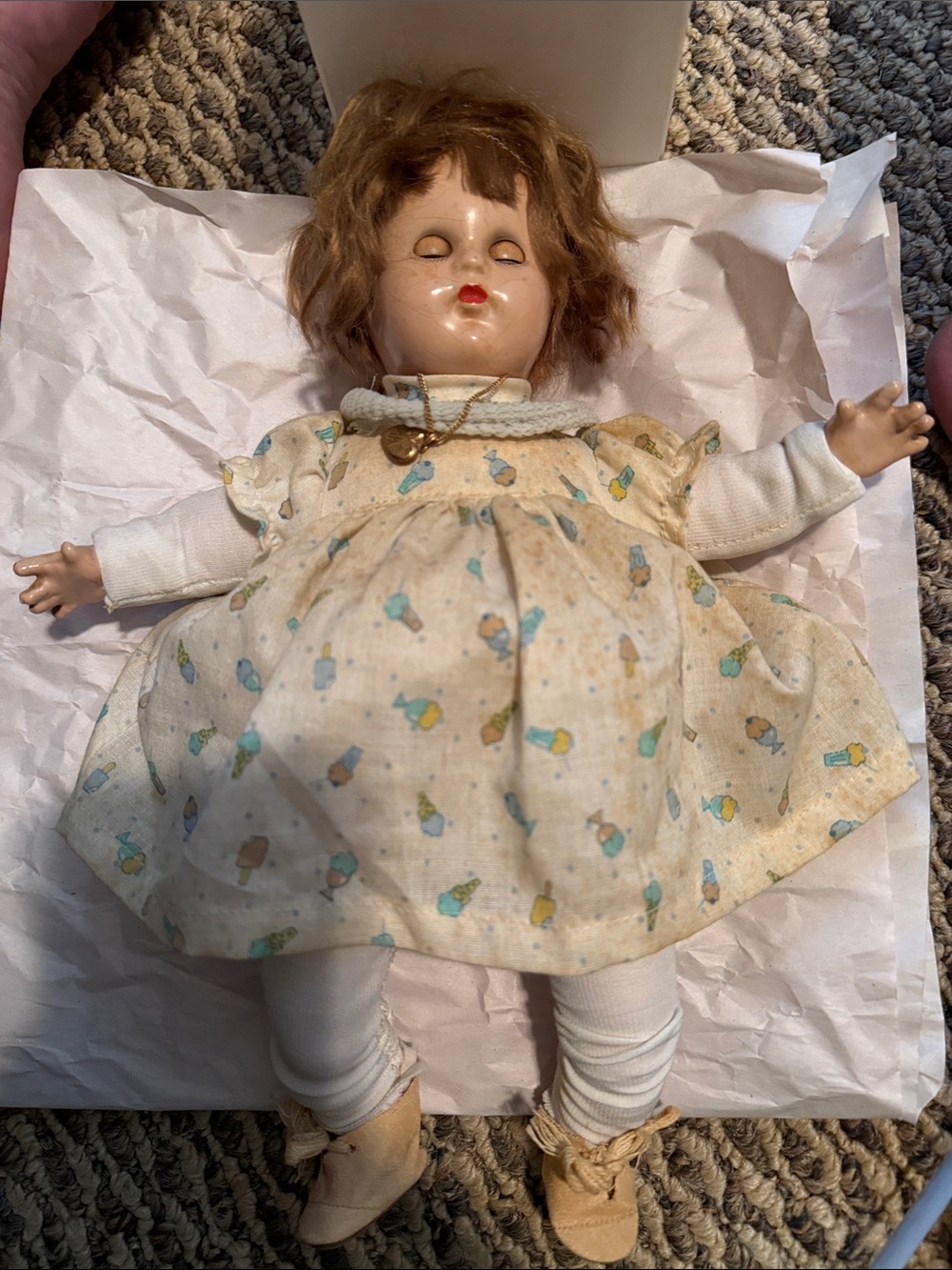 1930’s Vintage-Style Kids Doll in Cream Dress with Blue and Yellow Print